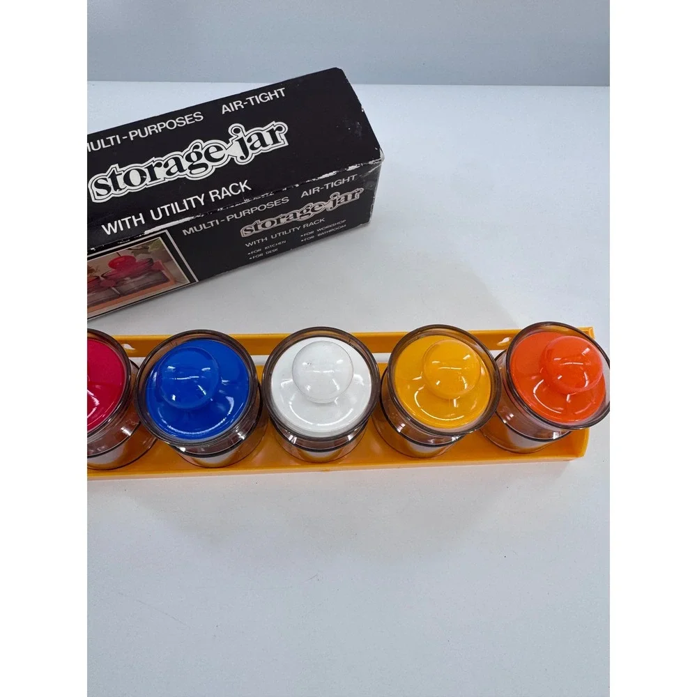 Vintage Storage Jar Set with Utility Rack 5pc Retro Kitchen Spice Office MCM